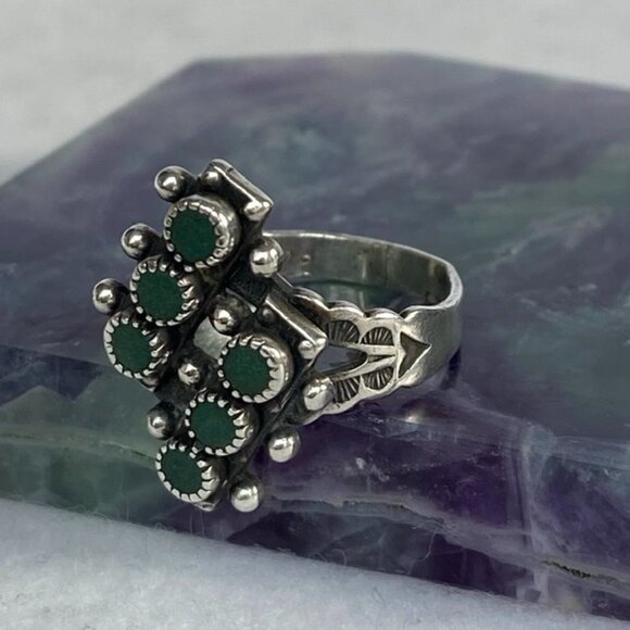 VTG Southwest Sterling Silver 925 Snake Eyes Petit Point Green Onyx Ring Sz 5.25 - Picture 4 of 16
